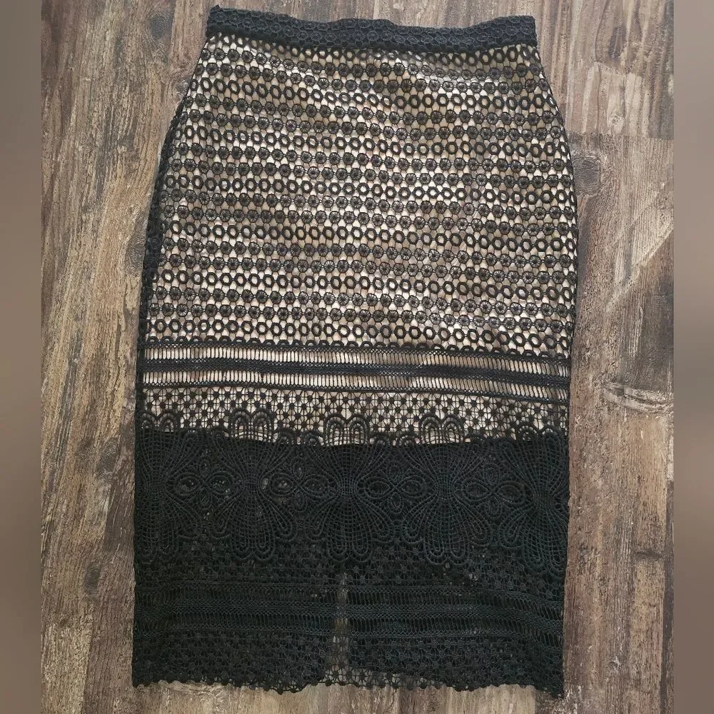 Black Lace Pencil Skirt | Nude Lined | Floral Scalloped Hem | Jenn M | Cocktail
